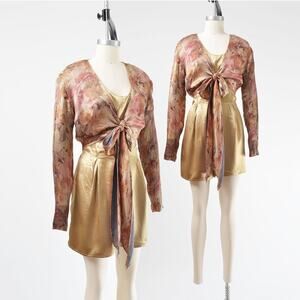 Vintage 90s Satin Floral Romper Tie Waist Crop Top Shorts Jumper Tan Pink M